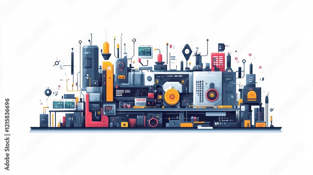 Poster futuristic factory assembly line with complex machinery and technological components.