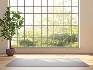 Sunlit Yoga Studio Interior with Large Window, Green View, Empty Mat