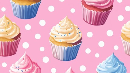 Seamless pattern of colorful cupcakes with sprinkles on pink polka dot background.