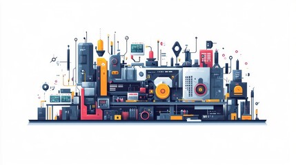 Futuristic factory assembly line with complex machinery and technological components.