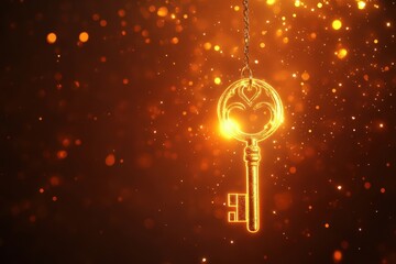 Golden Key Hanging Against Sparkling Background