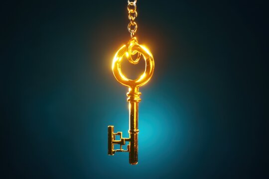 A glowing golden key hangs from a chain