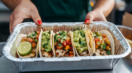 A delicious platter of four tacos topped with fresh ingredients, lime, and served in a disposable tray, perfect for enjoying a flavorful meal.