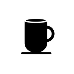 Mug Icon: Simple, bold black silhouette of a mug on a saucer, perfect for minimalist designs and branding.  