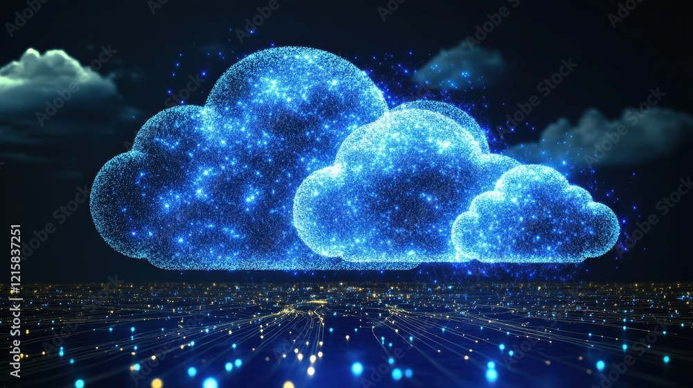 Poster glowing blue cloud data network, digital abstract. illustrates cloud computing, data storage, and ne