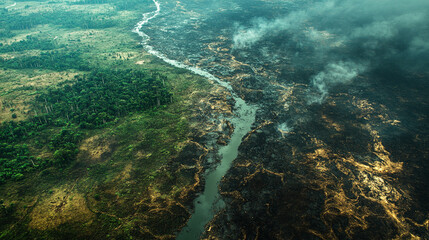 Fototapeta premium Aerial view of the Amazon rainforest showing stark contrast between dense untouched greenery and large deforested areas highlighting environmental destruction and human impact on nature
