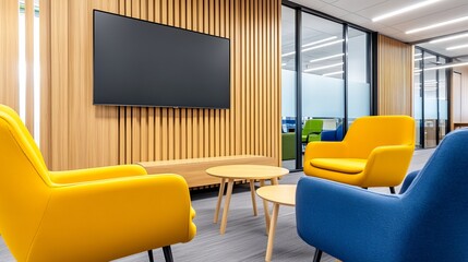 Modern office lounge with vibrant yellow and blue chairs, wooden accents, and a large screen