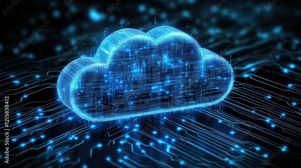 Poster glowing cloud shaped like circuit board. illustrates digital data storage and cloud computing.