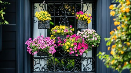 Fototapeta premium Colorful hanging flowers adorn a dark window. Home decor, spring scene
