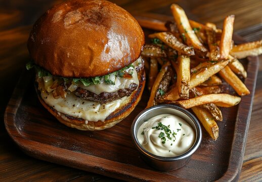 Juicy beef burger with melted cheese, caramelized onions, lettuce, and crispy fries served with creamy sauce on a rustic wooden board.