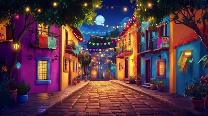 Fototapeta premium Vibrant Night Street Festive Illumination. AI Generated
