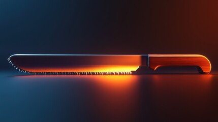 Illuminated serrated bread knife on dark background.