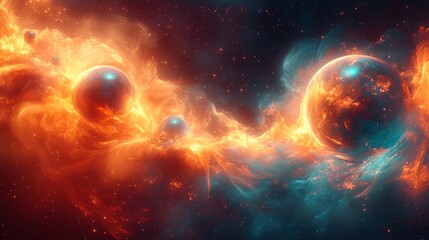 Obraz premium Fiery Celestial Dance: A Cosmic Ballet of Planets and Nebulae