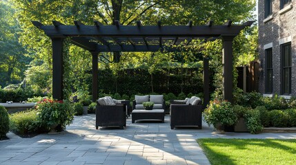 Fototapeta premium Elegant seating under a pergola with a distinct architectural style.