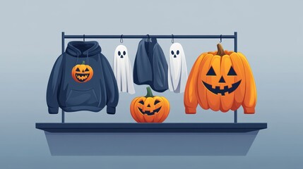 Halloween apparel and pumpkins on display.