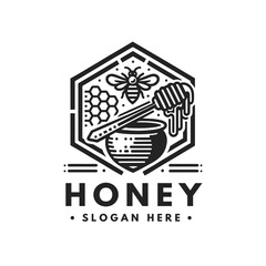 Honey logo label concept with bee symbol and honey. Vector illustration isolated on white background.