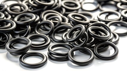 Industrial Black Rubber O-Rings for Sealing and Machinery Components on White Background