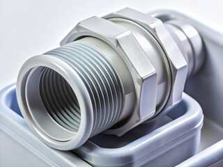 Industrial Pipe Fitting: Grey Two-Way Connector in White Container - Stock Photo