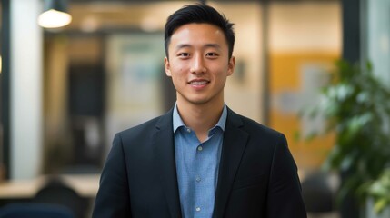 A confident Asian business professional presenting a project in a modern office setting, surrounded by charts and graphs