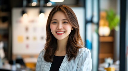 Obraz premium A confident Asian business professional presenting a project in a modern office setting, surrounded by charts and graphs