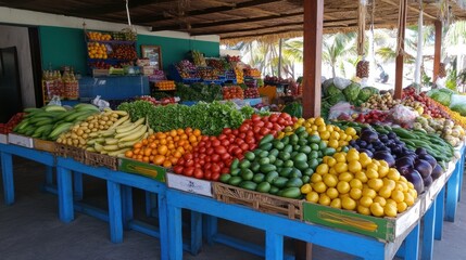 Colorful fruit and vegetable stand at an outdoor market.
