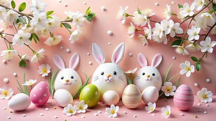 Obraz premium Pastel Pink Easter Banner: Spring Flowers, Eggs & Bunnies