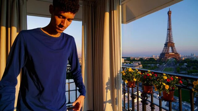 Parisian Sunrise: A Man's Joyful Awakening with Eiffel Tower View