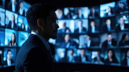 A team of business professionals engaging in a virtual conference call, with multiple screens displaying participants from various locations