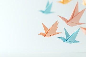 Colorful origami birds in flight create a serene and artistic atmosphere, symbolizing freedom and creativity.