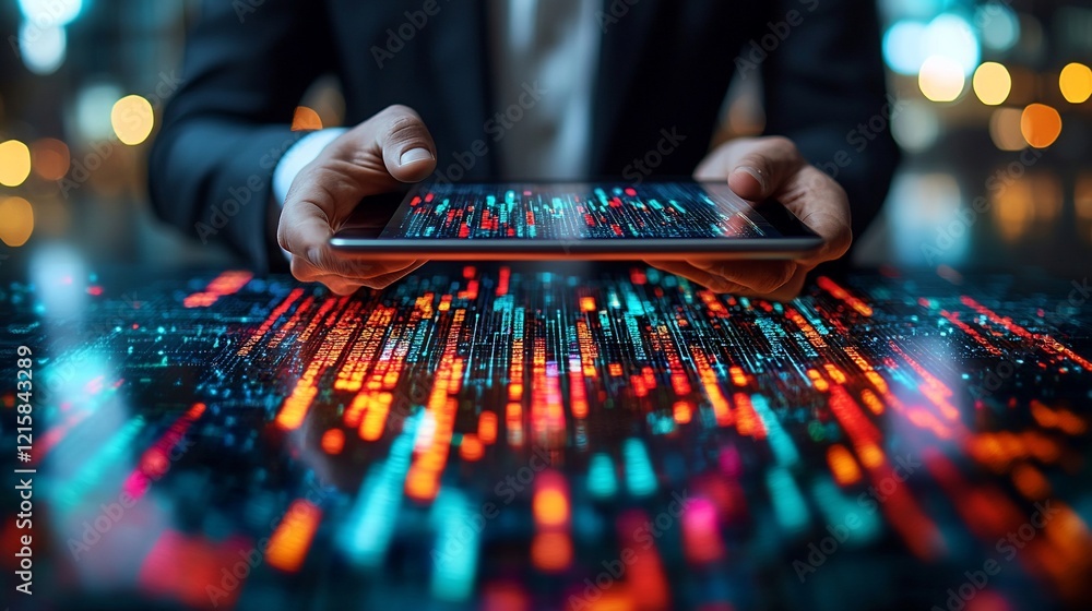 Poster person holding tablet displaying digital data streams.