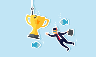 A businessman dives with fish trying to take a fishing bait shaped like a trophy, illustration of efforts to improve and achieve business accomplishments