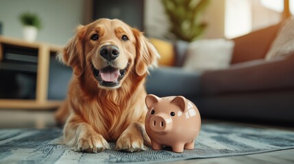 Golden retriever next to a piggy bank representing savings and financial planning in a cozy living room