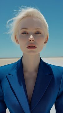Model posing in a blue outfit against a clear sky in a desert location during daylight