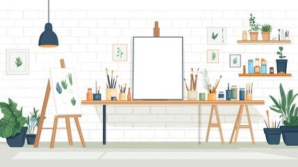 Artist's studio interior with blank canvas, easels, and art supplies.