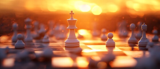 Golden Hour Chessboard Strategy: King stands tall amidst warm light. AI Generated