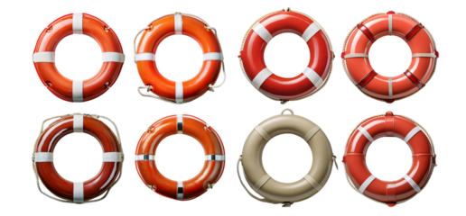 Collection of life buoys in red and orange for safety isolated on transparent background