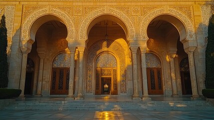 Golden Hour at the Majestic Palace Entrance: Architectural Marvel in Warm Sunlight