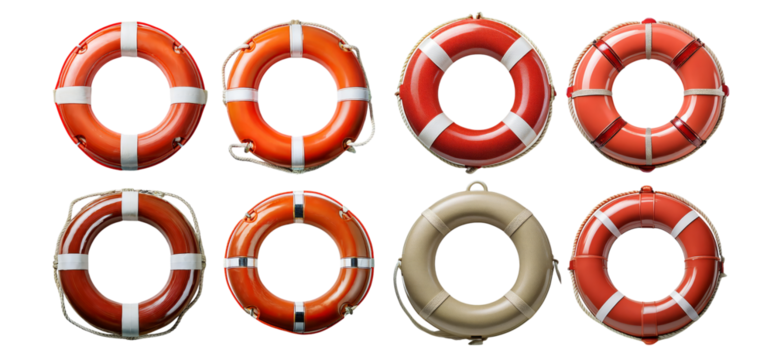 Collection of life buoys in red and orange for safety isolated on transparent background