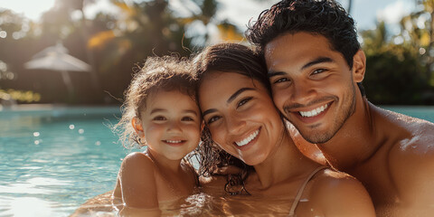 Fototapeta premium Portrait of a happy Latin family with a child in the pool, with beautiful smiles and clear skin, generative AI