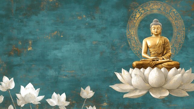 Serene Buddha meditates peacefully atop a lotus flower bathed in soft golden light against a teal textured background.. AI Generated
