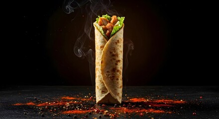 Delicious, steaming chicken Shawarma wrap, ready to eat