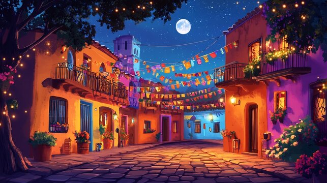 Fototapeta Vibrant Night Street Festive Colorful Buildings. AI Generated