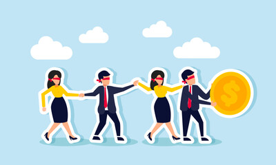 Businesspeople walk hand in hand with blindfolds, the leader carrying a dollar coin, illustration of unstructured business vision leading to random financial management