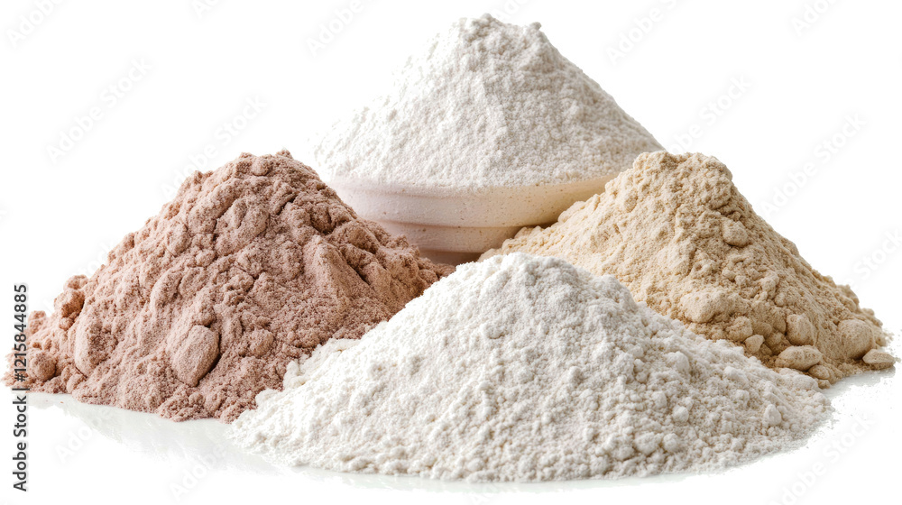 Poster assorted flour types in mounds on a clear background generative ai