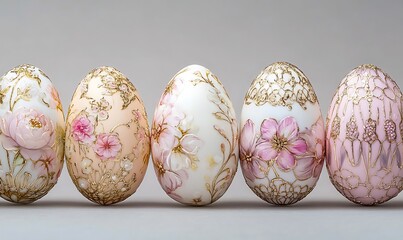Easter eggs in a row, against a white background. The eggs feature floral and gilded patterns in pink tones, with gold leafing.