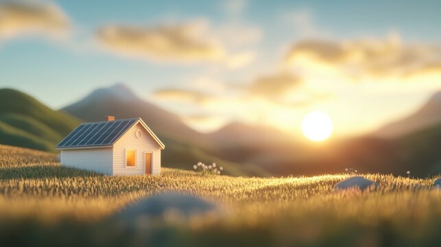 A serene rural landscape at sunrise, featuring a small house amid rolling hills, with golden fields and a warm, glowing sky.