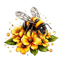 Vector illustration of Honey Bee on Vibrant Yellow Flowers. Honey logo vector Illustration isolated on white background. Clip art.