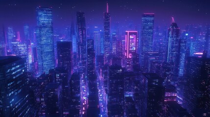 Obraz premium Neon Cityscape at Night with Futuristic Buildings