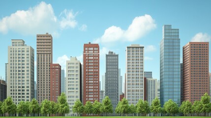 Obraz premium Modern City Skyline with Lush Green Foreground Park and Blue Sky
