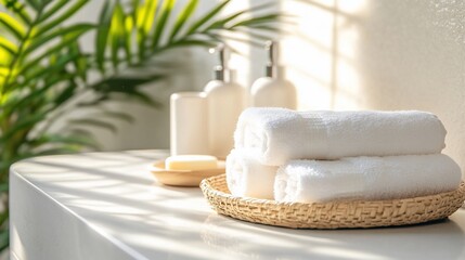 Spa-like bathroom with rolled towels, soap, and dispensers.